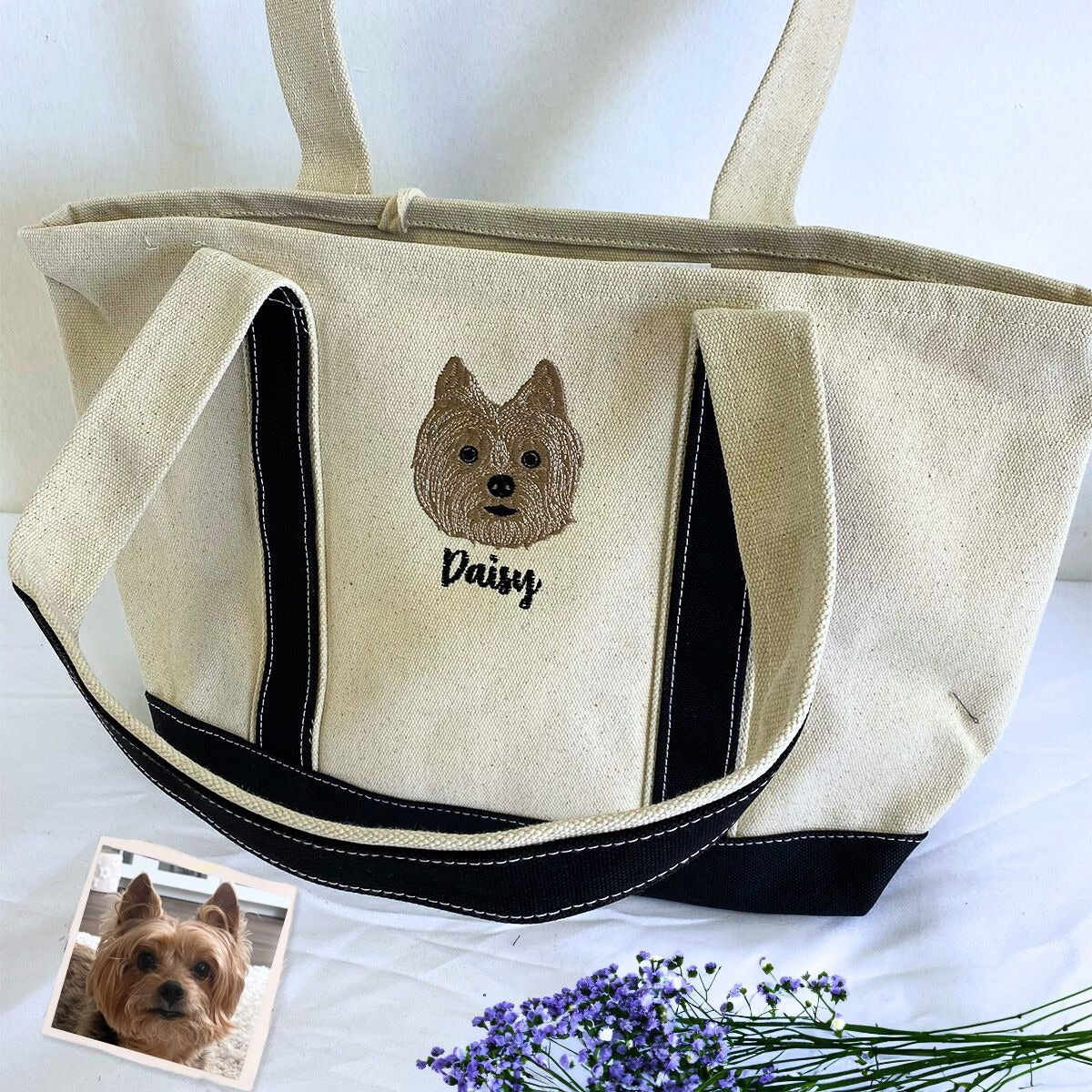 Personalized Dog Tote Bag with Custom Embroidered Photo - Unique Dog Mom Gift Idea - Embroly