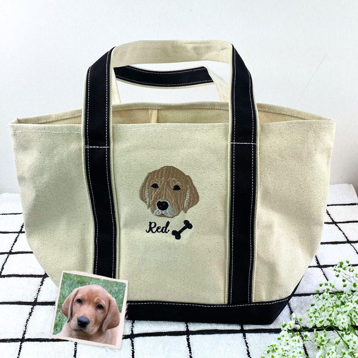 Personalized Dog Tote Bag with Custom Embroidered Photo - Unique Dog Mom Gift Idea - Embroly