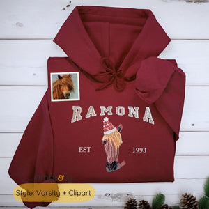 Personalized Horse Christmas Sweatshirt / Hoodie with Embroidered Photo, Unique Horse Lover Gift