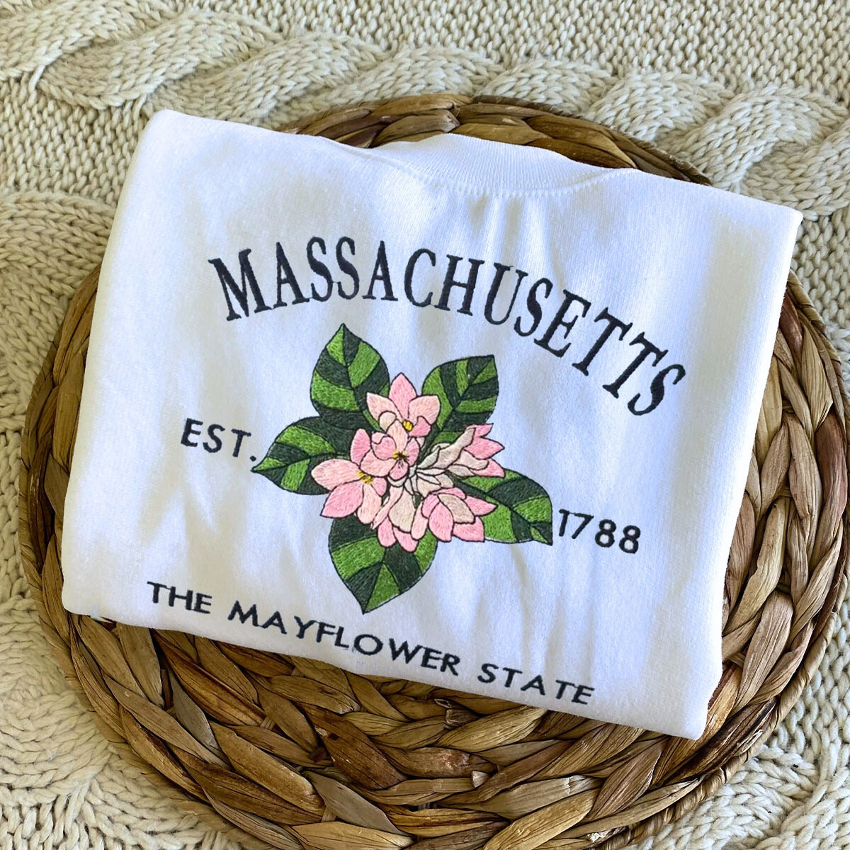 Massachusetts State Sweatshirt or Hoodie, Embroidered Gift - Est. 1788 Mayflower Flower
