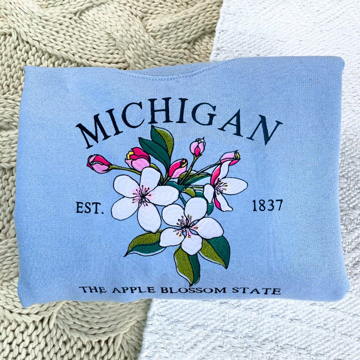 Michigan State Sweatshirt or Hoodie, Embroidered Gift - Est. 1837 Apple Blossom Flower