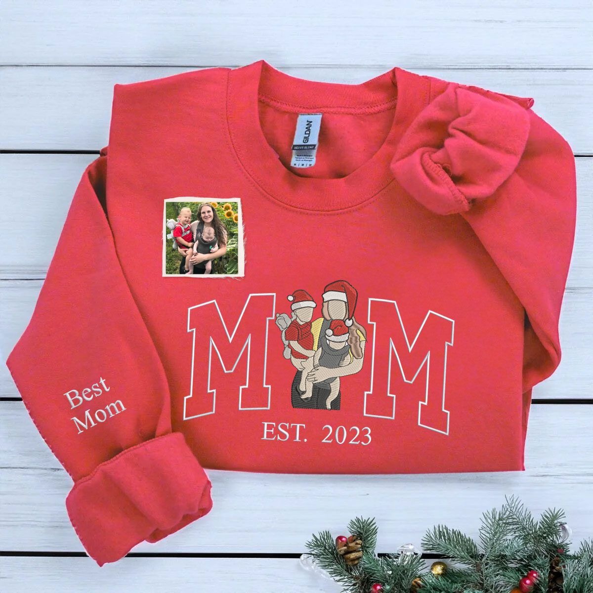 Personalized Mom Dad Christmas Sweatshirt / Hoodie with Embroidered Photo, Unique Gift for Mom and Dad
