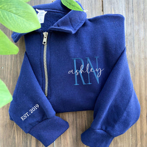 Custom Nurse Quarter Zip Sweatshirt or Full-Zip Hoodie, Embroidered Gift for Nurse