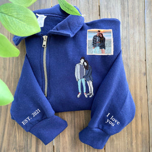 Personalized Gift for Him Her, Custom Embroidered Matching Zip Up Hoodies with Photo For Couples