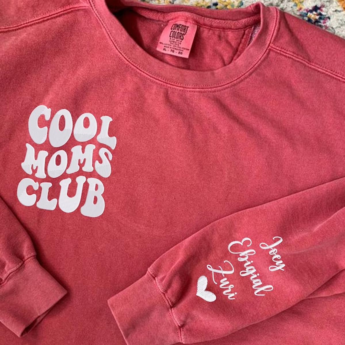 Girl Mom Club Sweatshirt or T-Shirt with Embroidered Kids Names on Sleeve