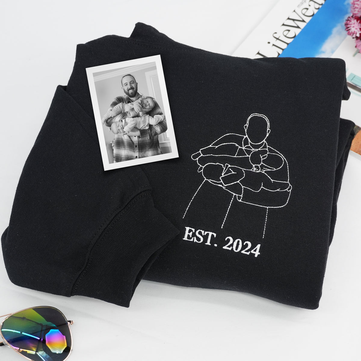 Father's Day Custom Outline Photo Embroidered Hoodie or Sweatshirt – Personalized Gift for Dad and Grandpa