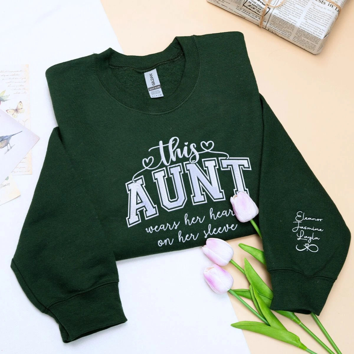 Aunt Forest Green Sweatshirt with Nephew Niece Names on Sleeve, a meaningful and cozy gift for aunt