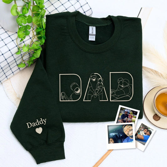 Forest Green Dad Portrait with Kid Sweatshirt and 'Daddy' Embroidery on Sleeve, a meaningful and cozy gift for father's day
