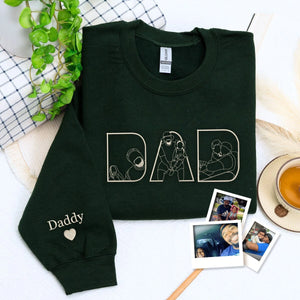 Forest Green Dad Portrait with Kid Sweatshirt and 'Daddy' Embroidery on Sleeve, a meaningful and cozy gift for father's day