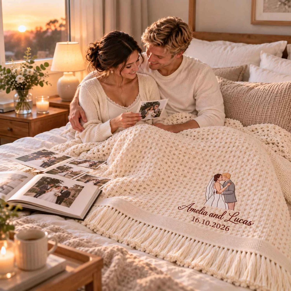 Custom Blanket With Couple Pictures, Embroidered Potrait from Photo Wedding Blanket, Newlyweds GIft