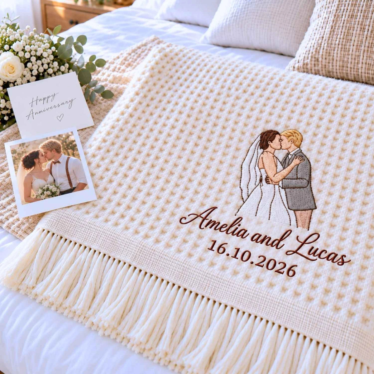 Custom Blanket With Couple Pictures, Embroidered Potrait from Photo Wedding Blanket, Newlyweds GIft