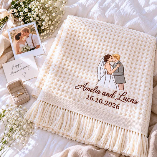 Cream waffle blanket embroidered with a custom bride and groom portrait, personalized names and wedding date.