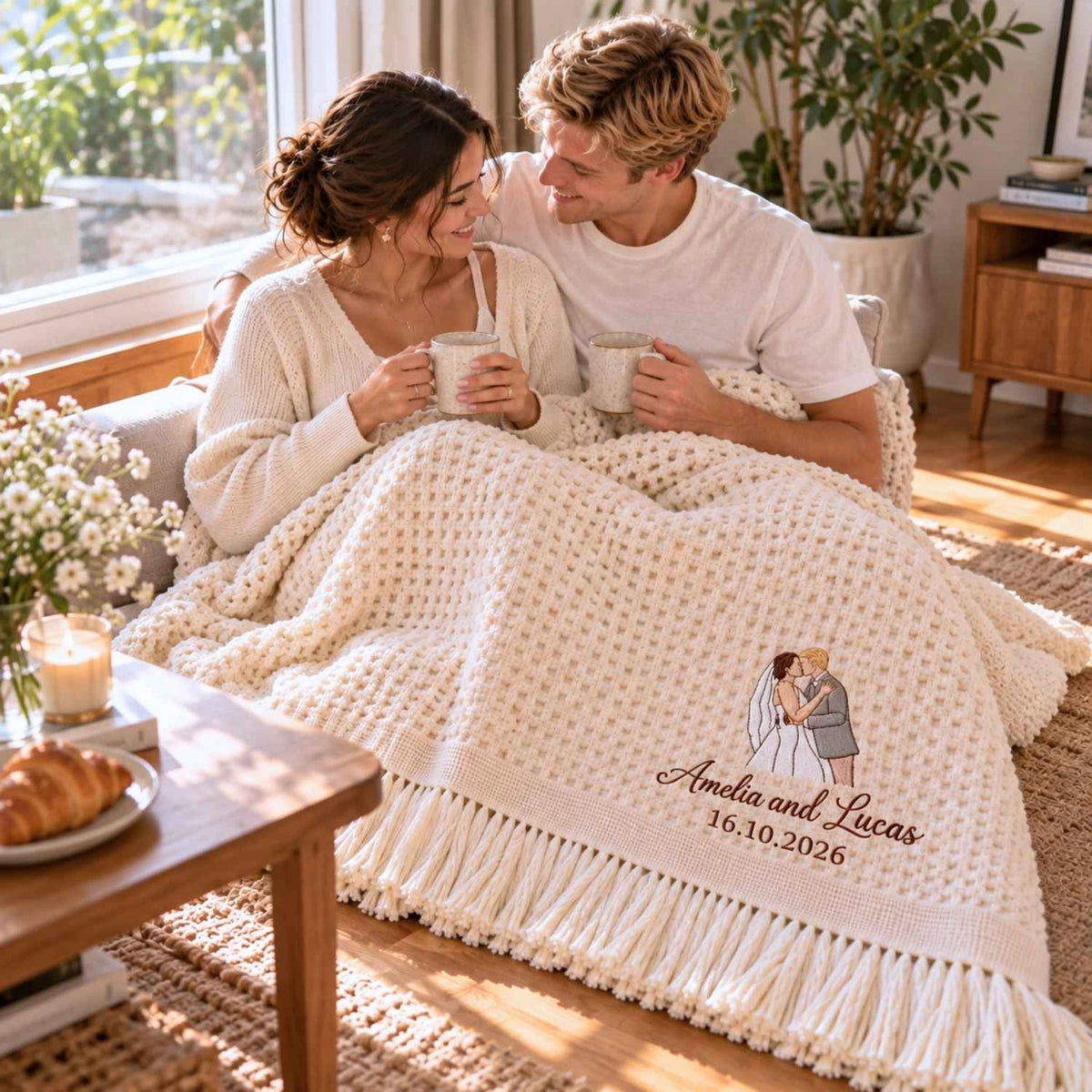 Custom Blanket With Couple Pictures, Embroidered Potrait from Photo Wedding Blanket, Newlyweds GIft