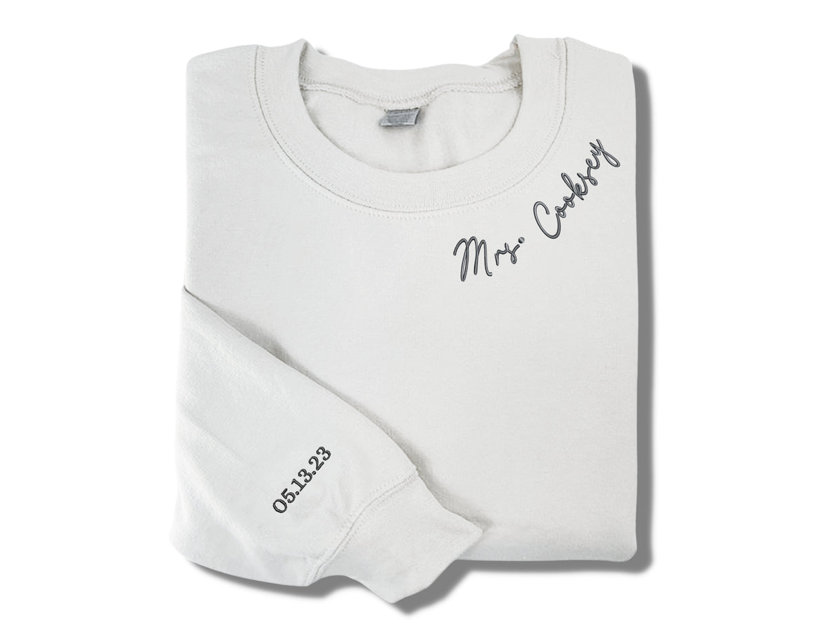 Future Mrs Sweatshirt Hoodie, New Mrs Custom Embroidered with Last Name, Date on Sleeve