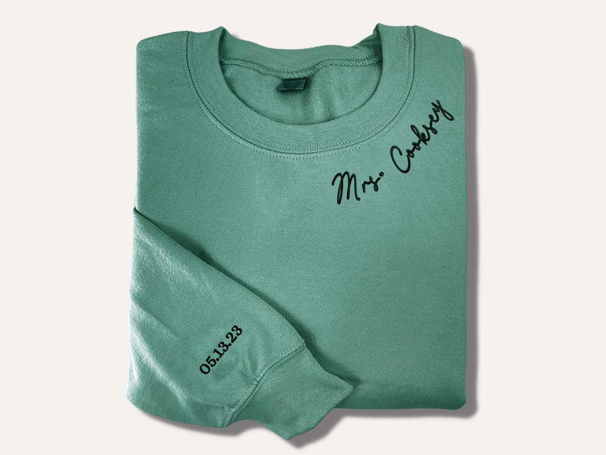 Future Mrs Sweatshirt Hoodie, New Mrs Custom Embroidered with Last Name, Date on Sleeve