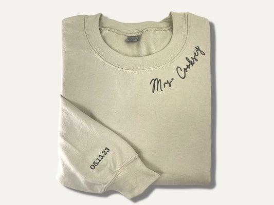 Future Mrs Sweatshirt Hoodie, New Mrs Custom Embroidered with Last Name, Date on Sleeve