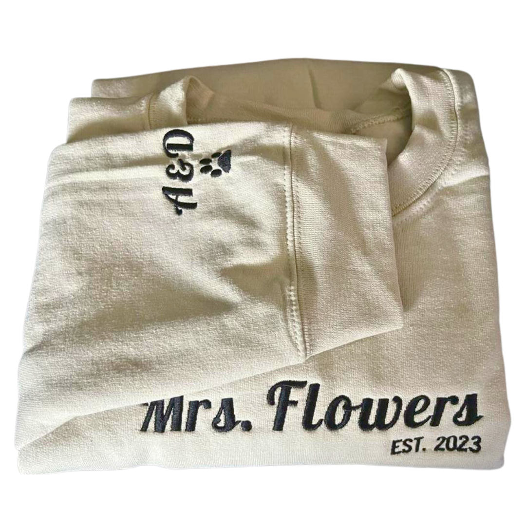 Custom Mrs Sweatshirt Embroidered, Bride Gifts for Honeymoon Wedding Day with Initial Heart or Roman Date on Sleeve - Embroly