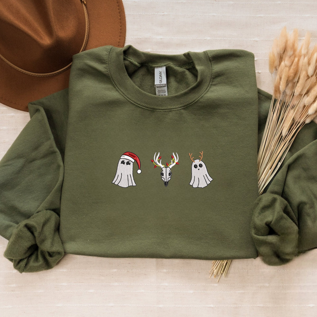 Embroidered Santa Ghost Sweatshirt, Christmas Ghost Crewneck or Hoodie