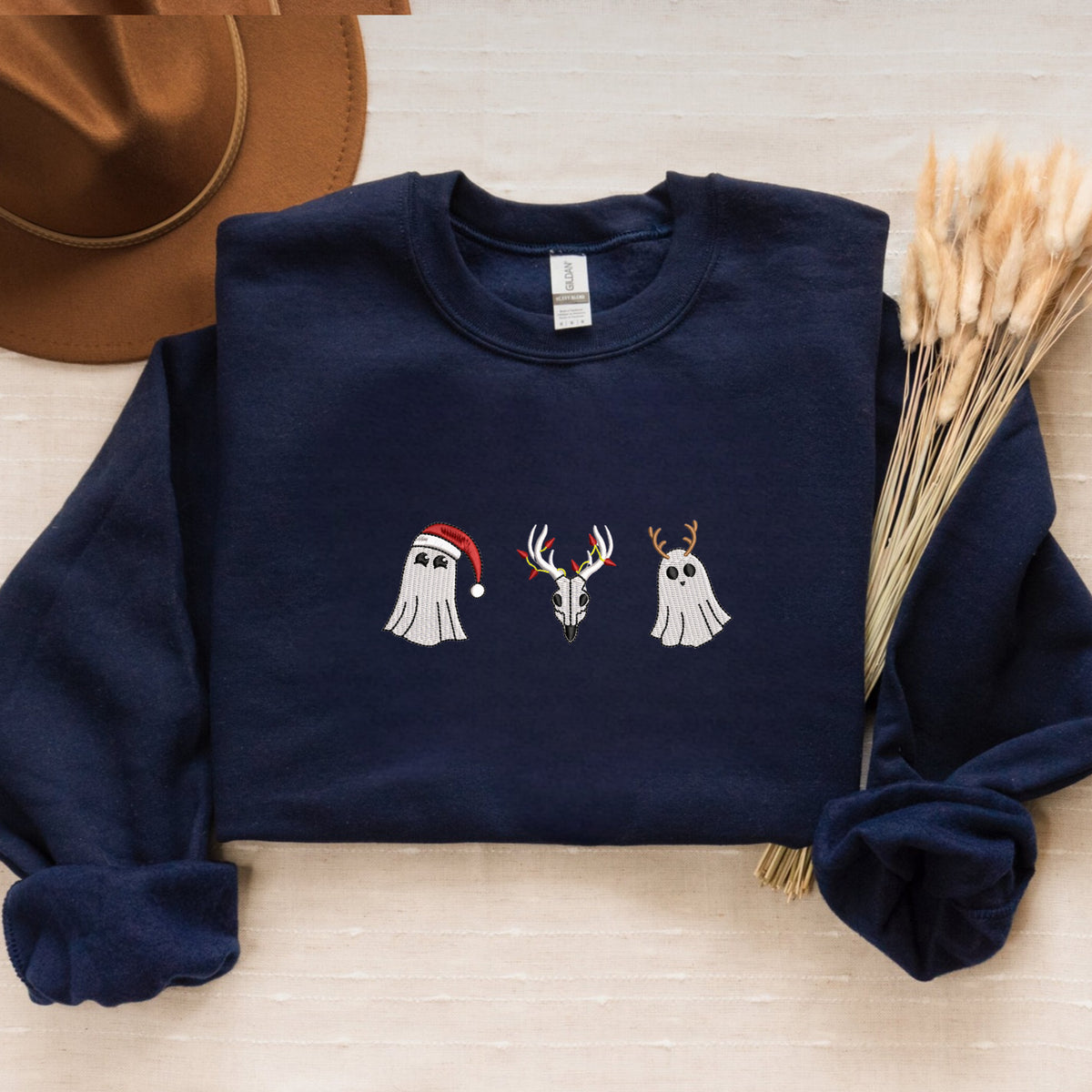 Embroidered Santa Ghost Sweatshirt, Christmas Ghost Crewneck or Hoodie