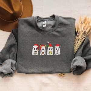 Coffee Ghost Christmas Sweatshirt Embroidered, Little Ghost Santa Raindeer Crewneck or Hoodie