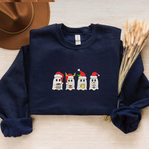Coffee Ghost Christmas Sweatshirt Embroidered, Little Ghost Santa Raindeer Crewneck or Hoodie
