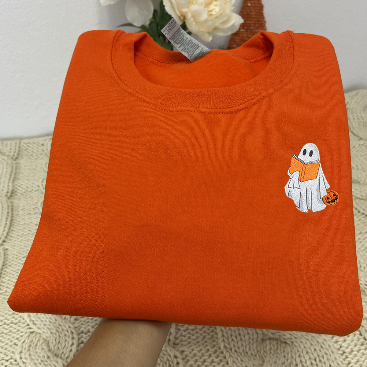 Book Reading Ghost Halloween Sweatshirt Embroidered, Book Lover Crewneck or Hoodie