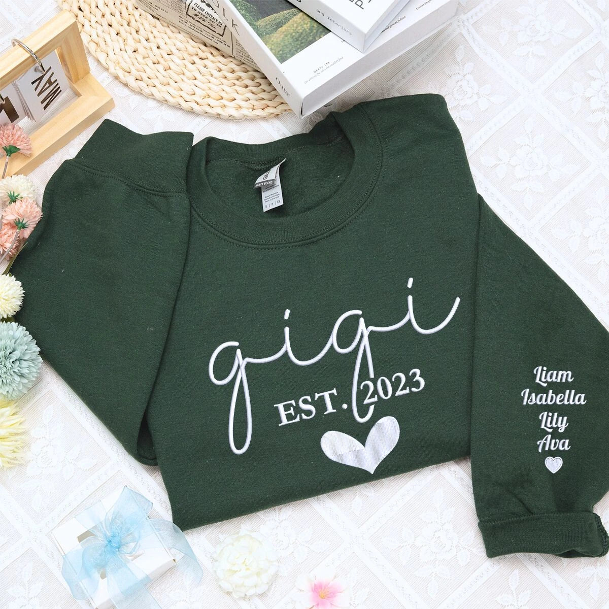 Gigi Forest Green Sweatshirt with 'EST. 2023' embroidery with grandkids names on sleeve, a meaningful and cozy gift for Gigi