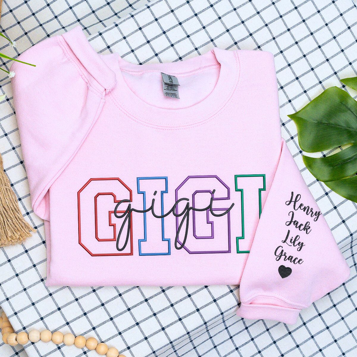 Light Pink Gigi Colorful Text on Chest with Kids Names on Sleeve, a meaningful and cozy for Gigi