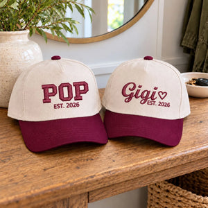 Khaki Maroon Matching Gigi and Pop Hat, Gift for grandparents