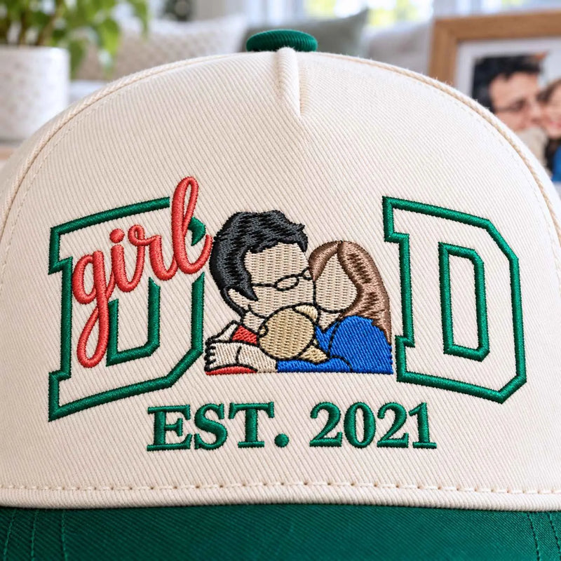 Custom Girl Dad Portrait Snapback Hat - Embroidered Varsity Style and Est Year, Dad and Daughter Gifts