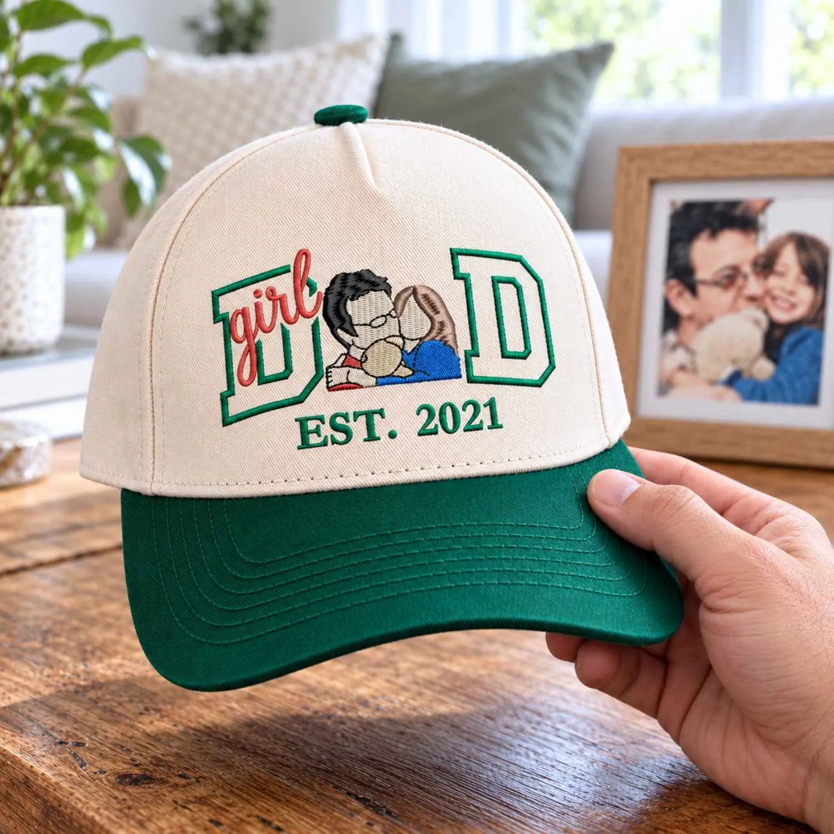 Custom Girl Dad Portrait Snapback Hat - Embroidered Varsity Style and Est Year, Dad and Daughter Gifts