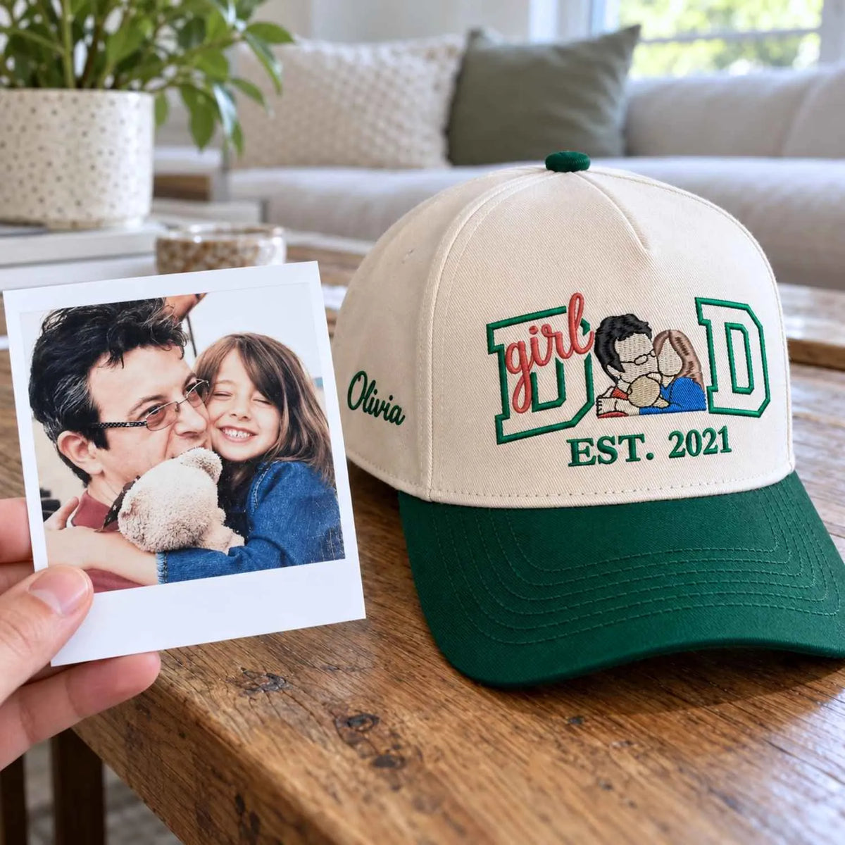 Custom Girl Dad Portrait Snapback Hat - Embroidered Varsity Style and Est Year, Dad and Daughter Gifts