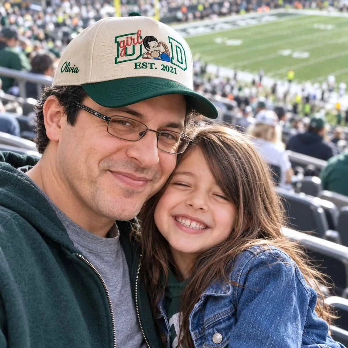 Custom Girl Dad Portrait Snapback Hat - Embroidered Varsity Style and Est Year, Dad and Daughter Gifts