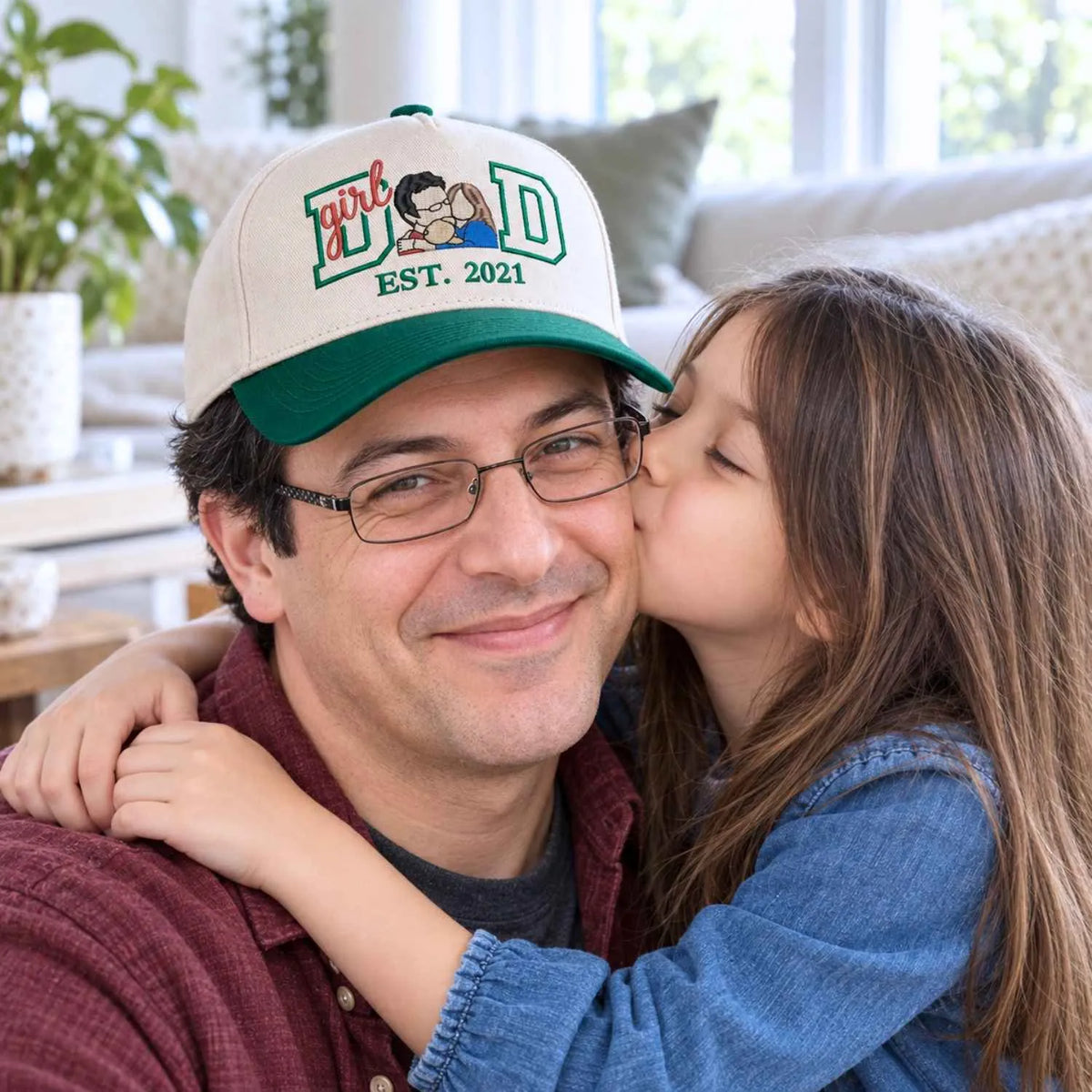 Custom Girl Dad Portrait Snapback Hat - Embroidered Varsity Style and Est Year, Dad and Daughter Gifts