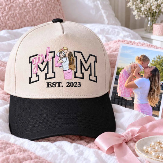 Custom embroidered Girl Mom Est 2023 hat with personalized photo outline