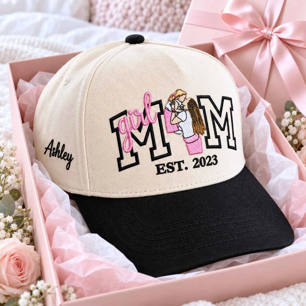 Custom Girl Mom Portrait Snapback Hat - Embroidered Varsity Est Year for Mom, Girl Mom Birthday Gift