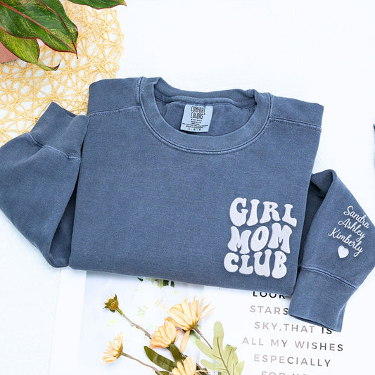 Girl Mom Club Sweatshirt or T-Shirt with Embroidered Kids Names on Sleeve