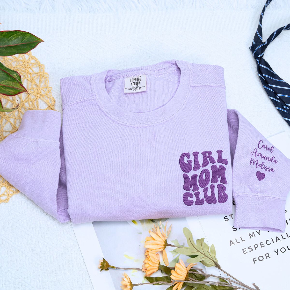 Girl Mom Club Sweatshirt or T-Shirt with Embroidered Kids Names on Sleeve