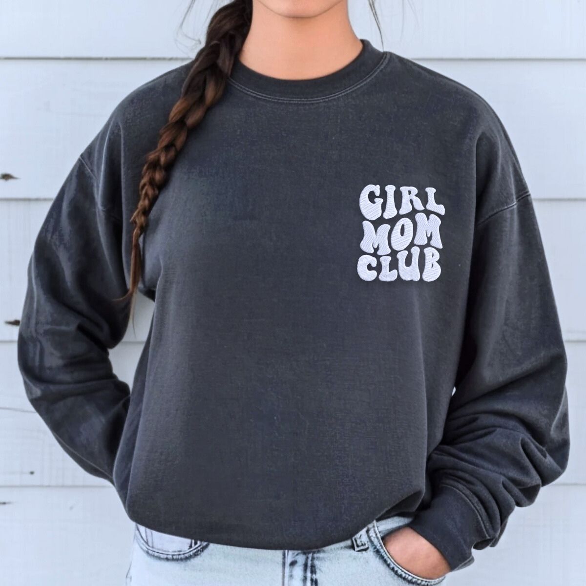 Girl Mom Club Sweatshirt or T-Shirt with Embroidered Kids Names on Sleeve