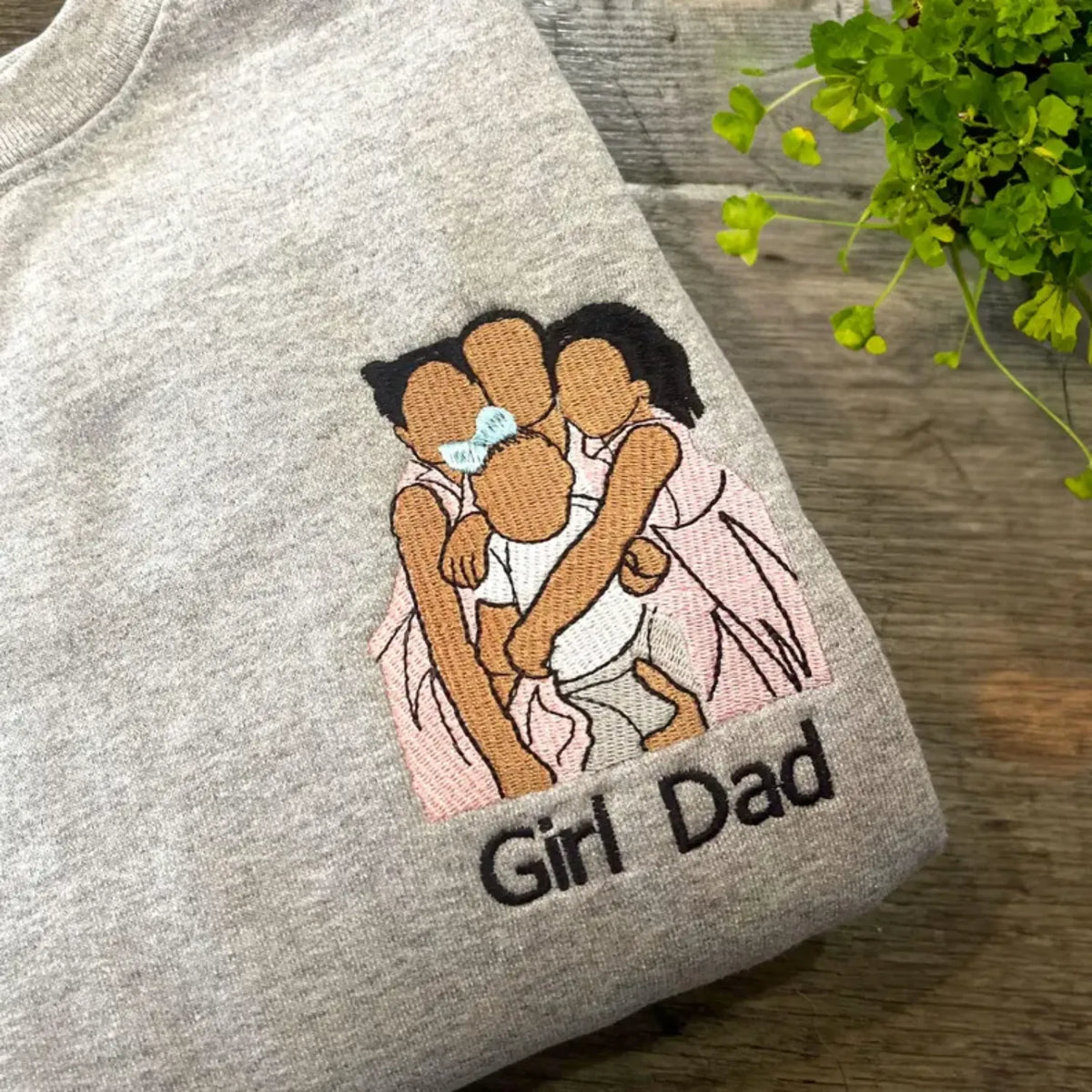 Gray sweatshirt with 'Girl Dad' design featuring two children and a baby