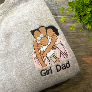 Gray sweatshirt with 'Girl Dad' design featuring two children and a baby