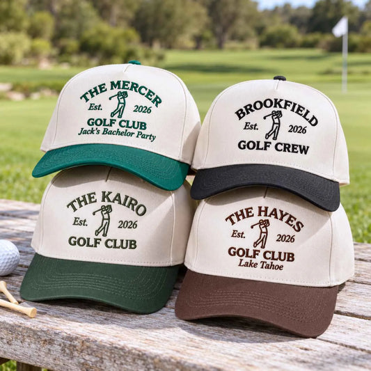 Custom embroidered golf hats for bachelor parties and golf clubs displayed outdoors
