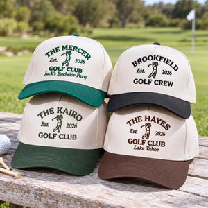 Custom embroidered golf hats for bachelor parties and golf clubs displayed outdoors