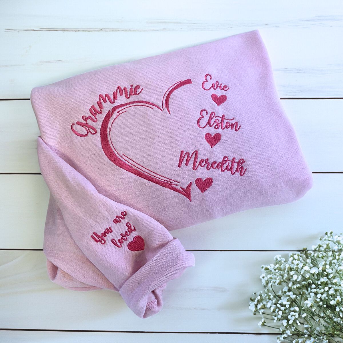 Grammie Light ink Sweatshirt with Grandkids' names and big heart on chest, a meaningful and cozy gift for Grammie