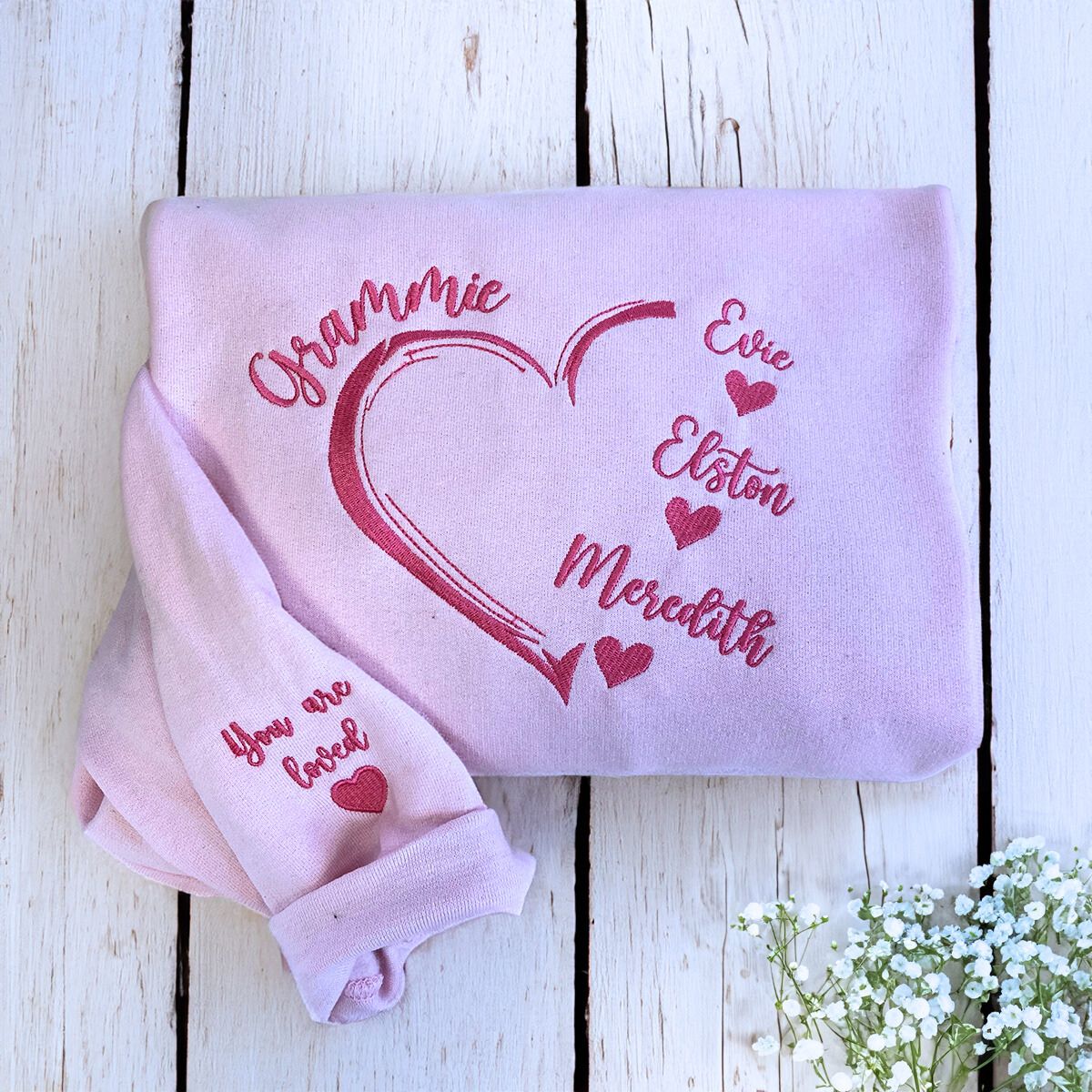 Grammie Light ink Sweatshirt with Grandkids' names and big heart on chest, a meaningful and cozy gift for Grammie Mother's Day