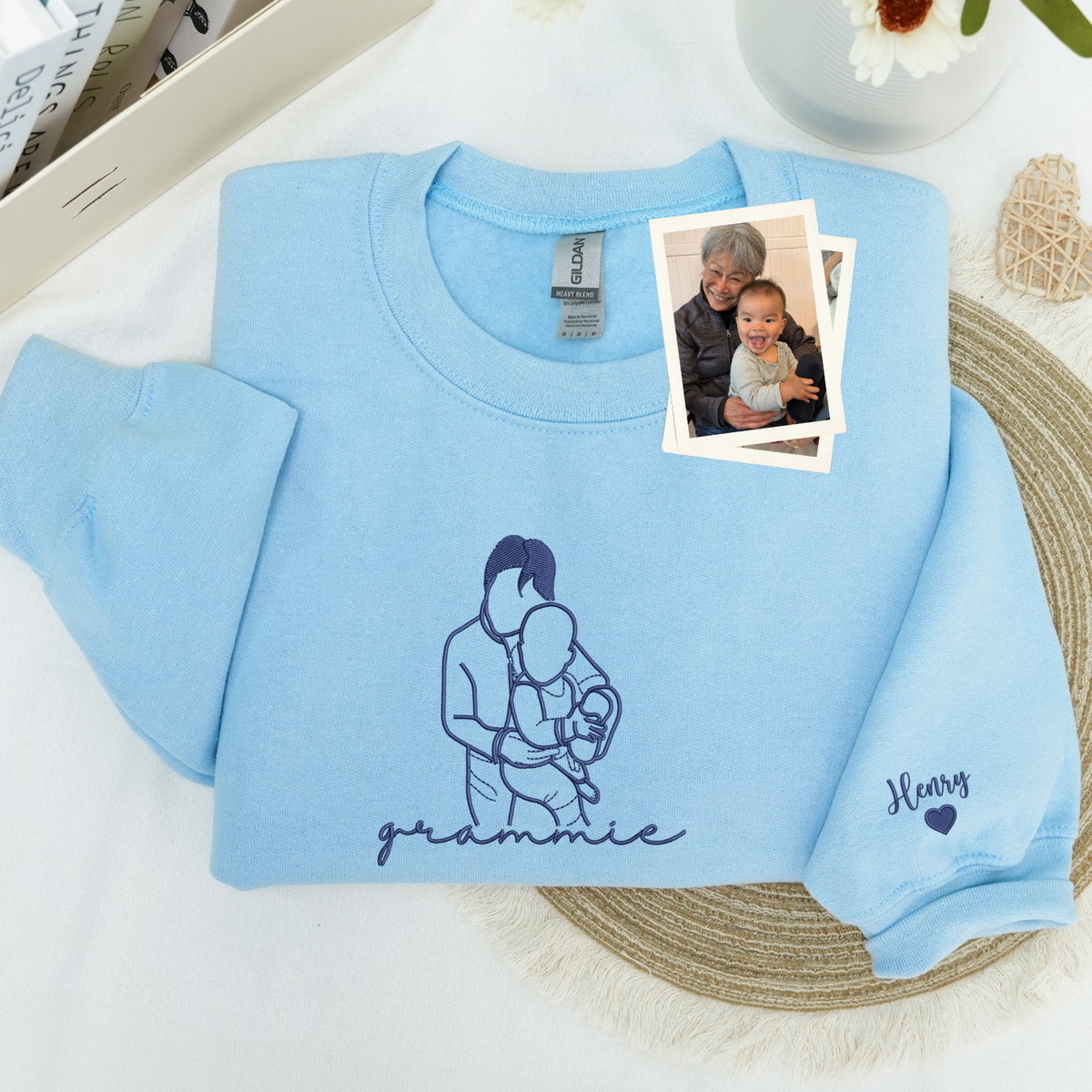 Custom Grammie Photo Line Art Embroidered Sweatshirt Hoodie - Personalized Mother's Day 2026 Gift for Gramdma