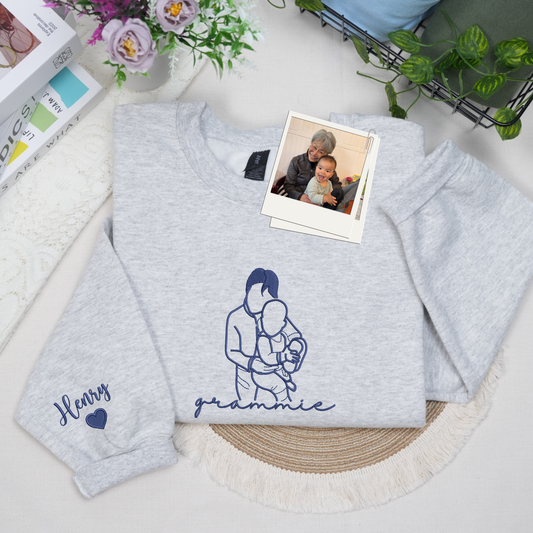 Custom Grammie Photo Line Art Embroidered Sweatshirt Hoodie - Personalized Mother's Day 2026 Gift for Gramdma