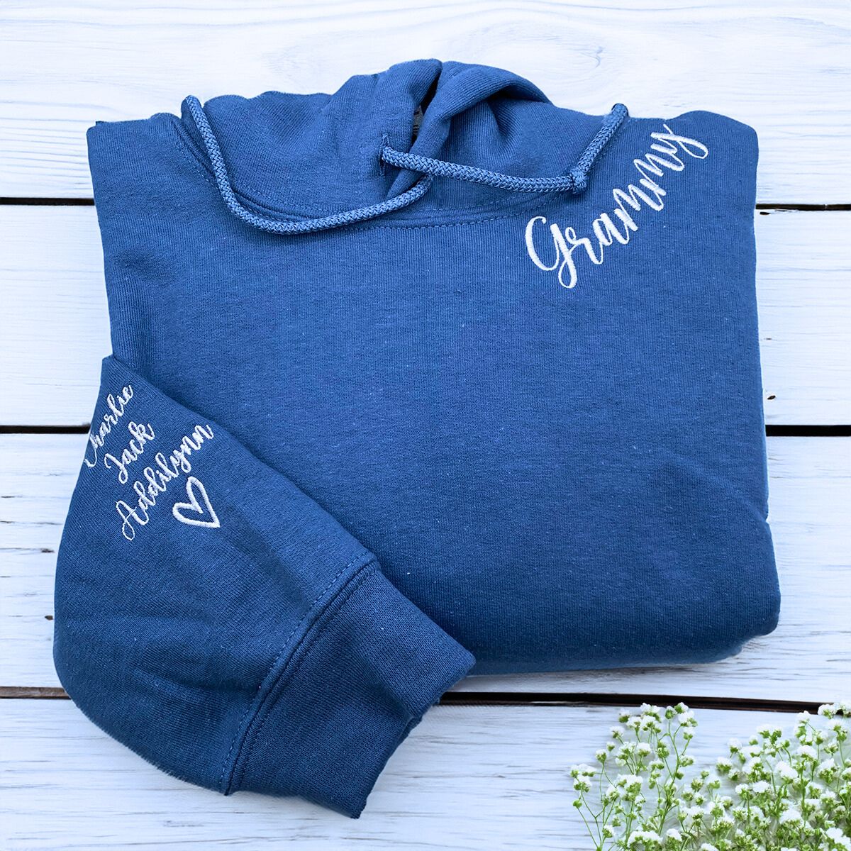 Custom Grammy Sweatshirt or Hoodie with GrandKids Names on Sleeve, Embroidered Gift for Grandma