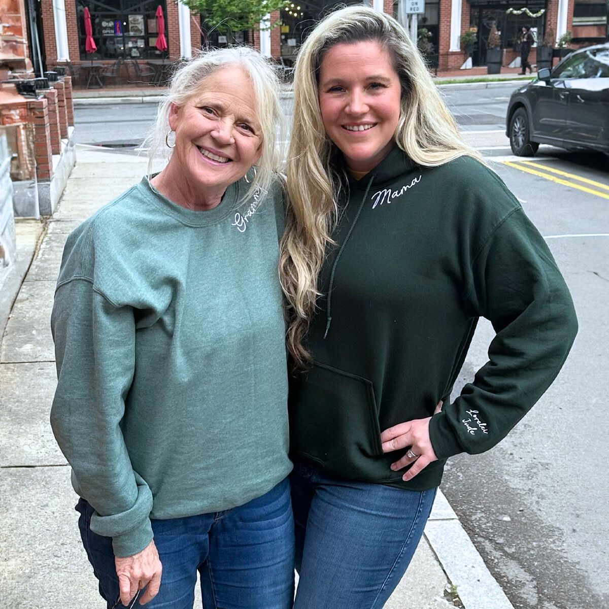 Happy Grandma and Mama Green Forest Green Sweatshirt with Grandkids' and Kids' Names on Sleeve