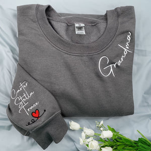 Custom Embroidered Grandma Sweatshirt with GrandKids Names on Sleeve, Personalized Mother's Day Gift